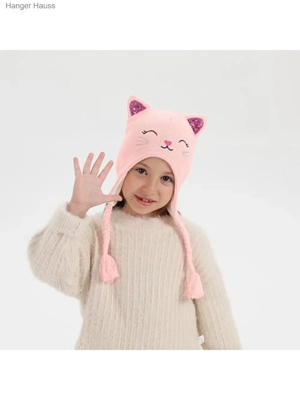 Girls Cat Ear Beanie Hat & Gloves Set Acrylic Fleece Lined Winter Knit Cap